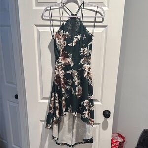 Green High Low Sundress with Sleeveless Halter Neckline for Wedding Guest